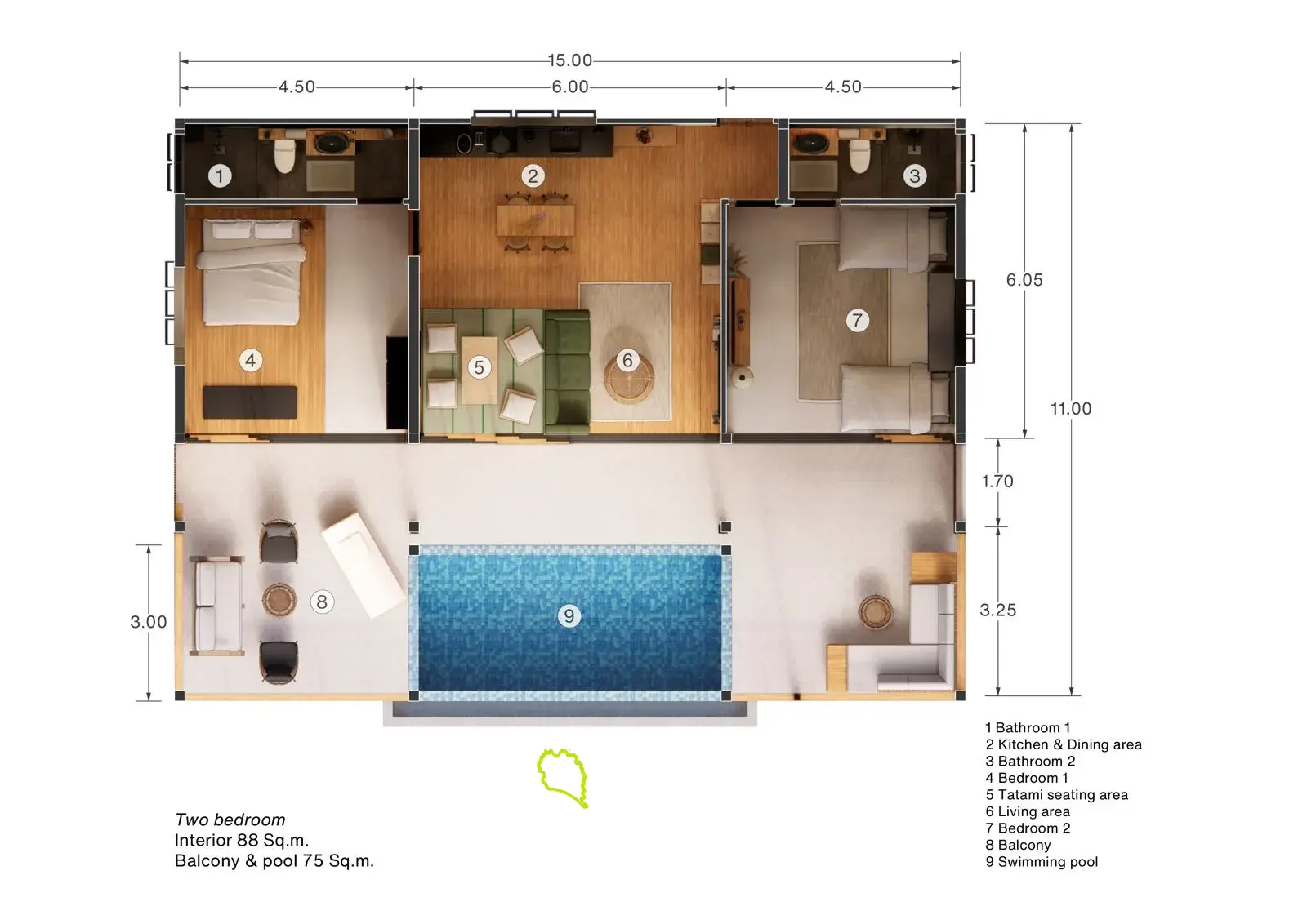 วิลล่า 2 ห้องนอน + 1 ห้องพร้อมวิวทะเลที่สวยงามบนหาดทองหลาง เกาะพะงัน