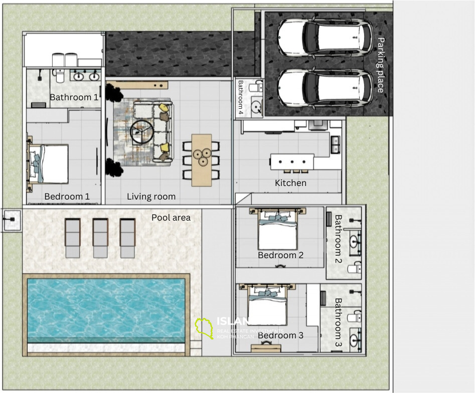 วิลล่าพูลโมเดิร์น 3 ห้องนอน พร้อมผังเปิดและเพดานสูง