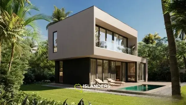Zweistöckige Poolvilla mit 3 Schlafzimmern, hohen Decken und Panoramafenstern.