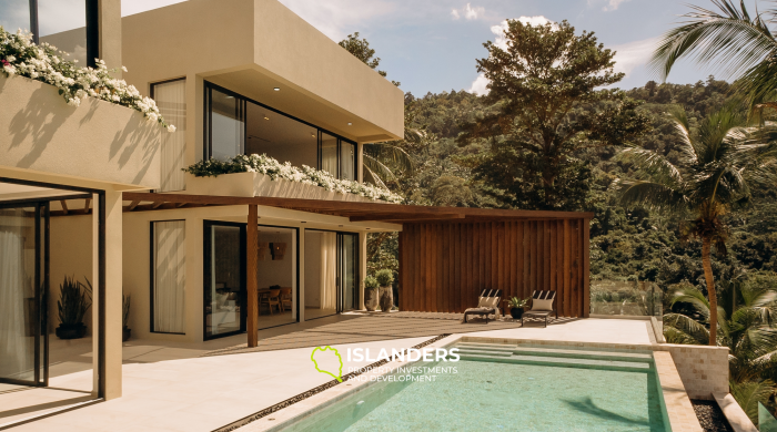 Villa de 3 habitaciones con piscina infinita y muebles.