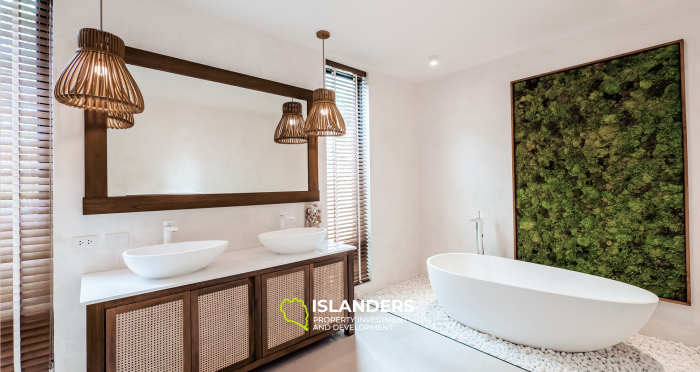 Villa de 3 habitaciones con piscina infinita y muebles.