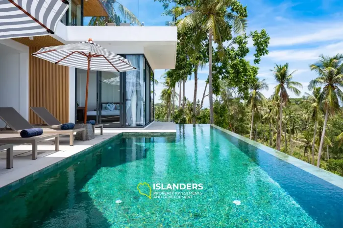 Villa de style avec 3 chambres et piscine surplombant la mer et l'île voisine.