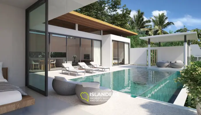 Villa de style avec 3 chambres et piscine surplombant la mer et l'île voisine.