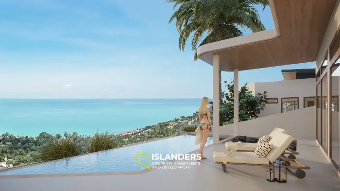 Villa de plain-pied avec piscine, 3 chambres, vue sur la mer et la forêt tropicale.