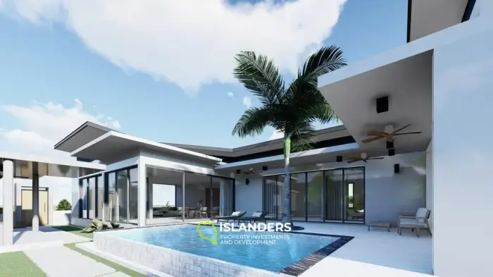 Moderna villa con piscina de 3 habitaciones + oficina rodeada de cocoteros.
