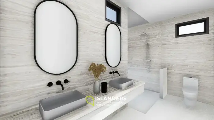 Moderna villa con piscina de 3 habitaciones + oficina rodeada de cocoteros.