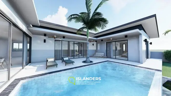 Moderna villa con piscina de 3 habitaciones + oficina rodeada de cocoteros.
