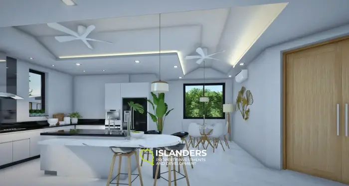 Moderna villa con piscina de 3 habitaciones + oficina rodeada de cocoteros.