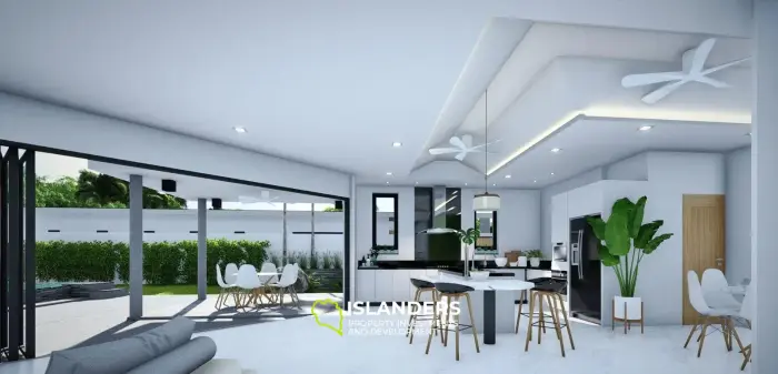 Moderna villa con piscina de 3 habitaciones + oficina rodeada de cocoteros.