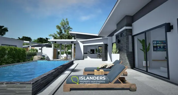 Moderna villa con piscina de 3 habitaciones + oficina rodeada de cocoteros.