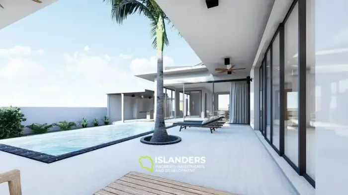 Moderna villa con piscina de 3 habitaciones + oficina rodeada de cocoteros.
