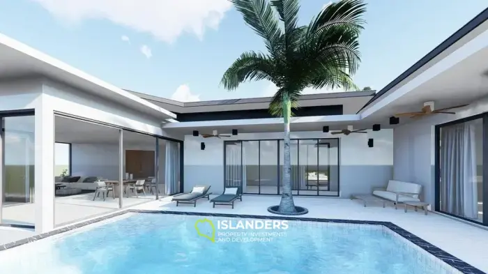 Moderna villa con piscina de 3 habitaciones + oficina rodeada de cocoteros.