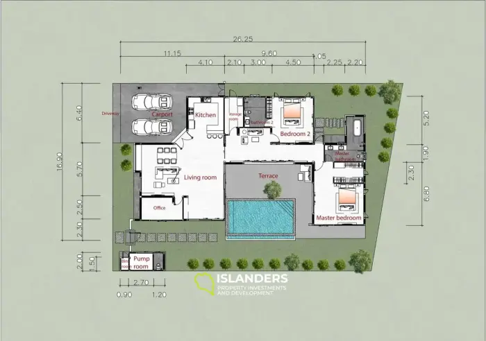 Villa con piscina de 2 habitaciones + oficina rodeada de naturaleza.
