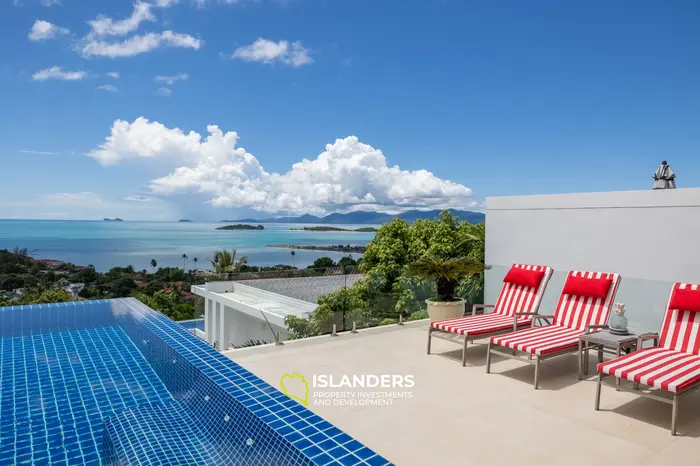 Poolvilla mit 2 Schlafzimmern und Panoramablick auf das Meer und den Sonnenuntergang.