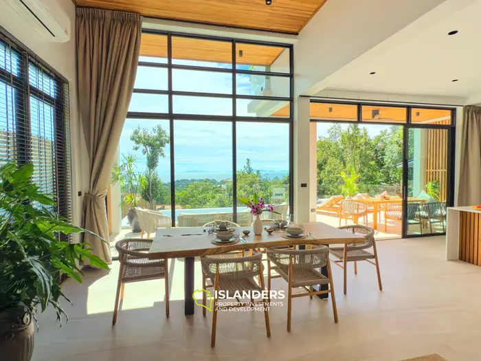 Villa de 3 chambres avec vue sur la mer et piscine à débordement à Chalok Ban Kao au coucher du soleil.