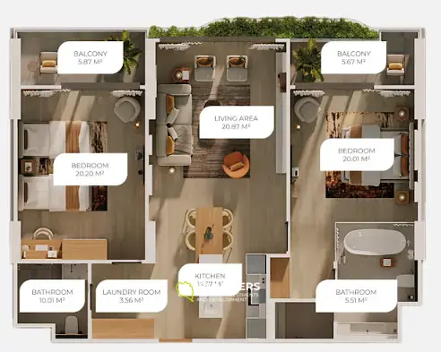 Prestigiose 2-Zimmer-Wohnung mit Poolblick in Layan